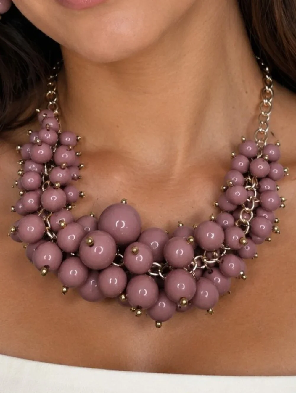 Large Chunky Mauve Bubble Beaded Cluster Gold Chain Bib Necklace & Earrings Set